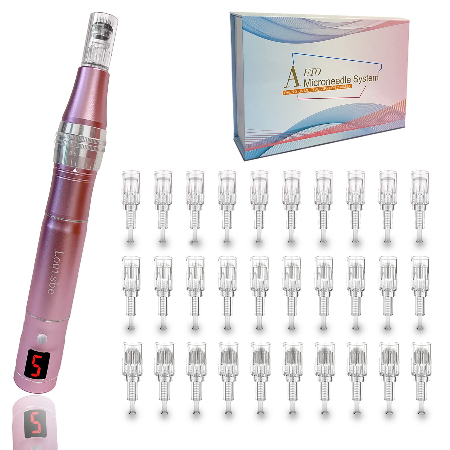 Loutsbe Cordless Electric Microneedling Pen 21000RPM, Professional Dermapen Machine With 30 Pcs Replace Cartridege (12-pins ×10, 36pins×10