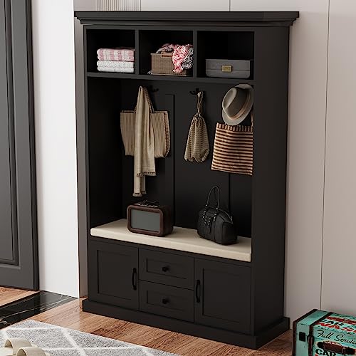 70.9 Inch Black Hall Tree, 3 in 1 Farmhouse Mudroom Bench with Storage and 4 Hooks, Wood Entryway Coat Rack Shoe Bench