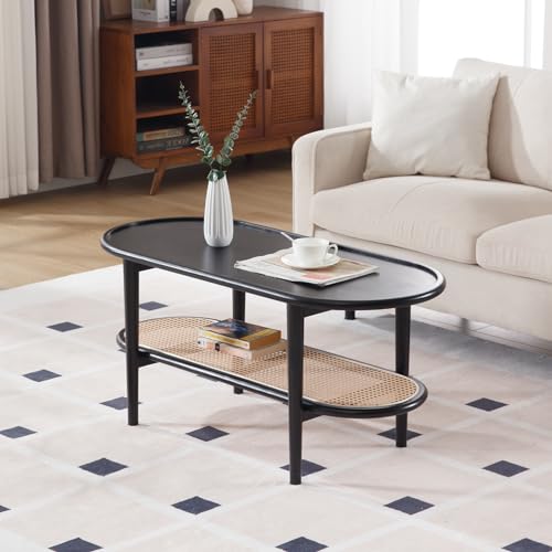 Guyou Oval Rattan Coffee Table, Modern Black Wood Coffee Table with Rattan Storage Shelf for Living Room
