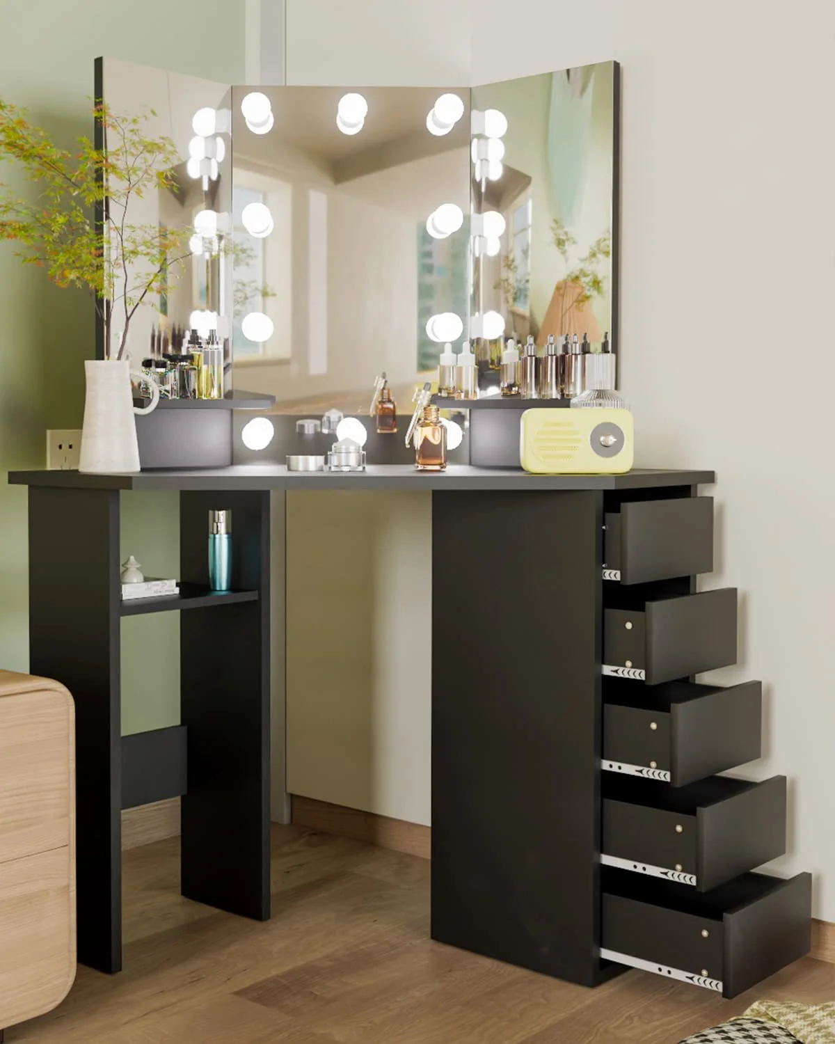 Corner Makeup Vanity Desk with Mirror and Lights, Bedroom Vanity Table with Lighted Mirror 5 Drawers and Storage Shelf for Women Girls Black