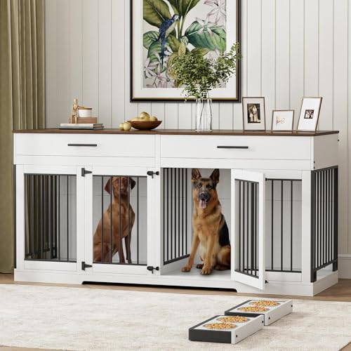 Rophefx 72" Dog Crate Furniture for 2 Dogs, Large Double Dog Kennel Indoor Furniture with 2 Storage Drawers and Removable Divider