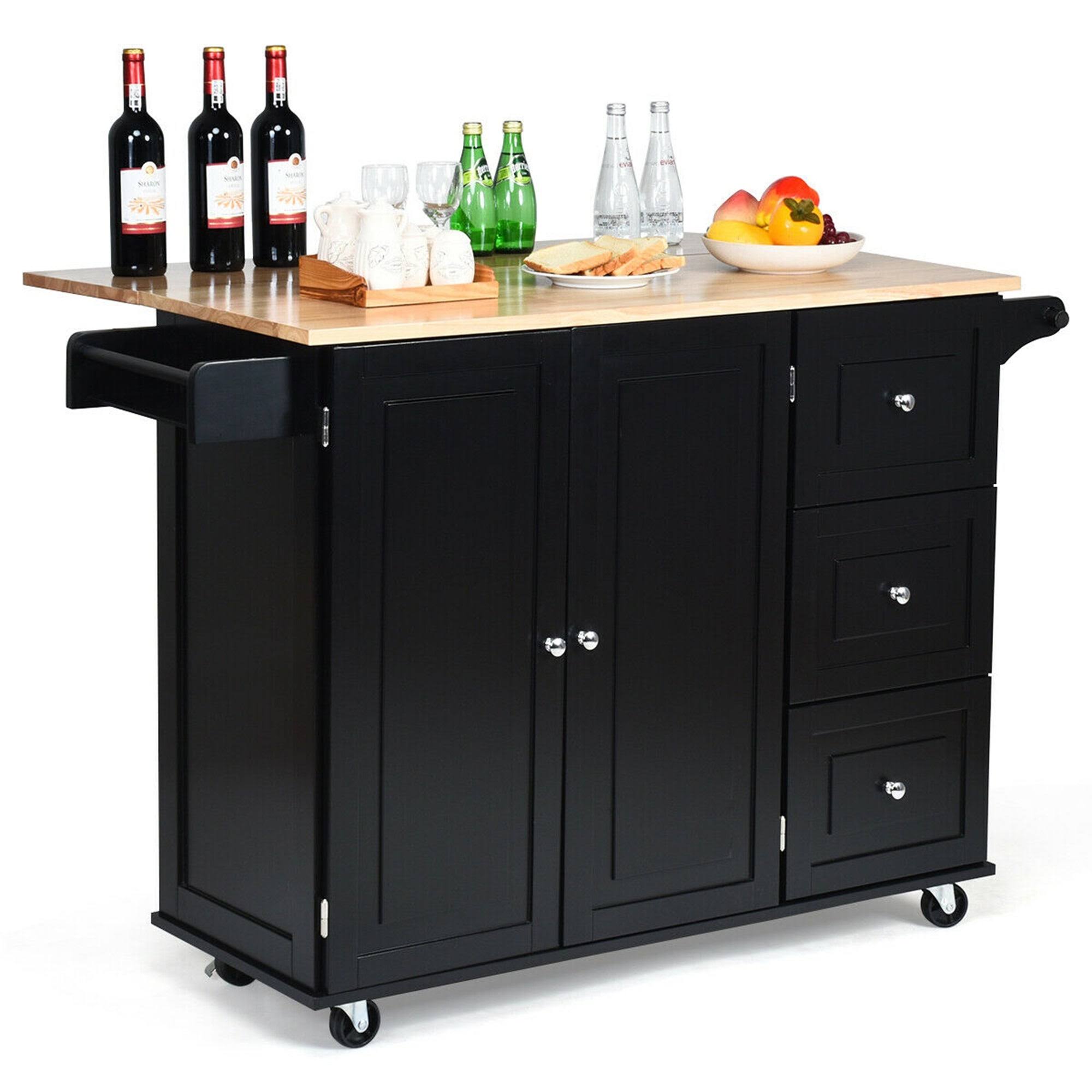 Gymax Drop-Leaf Kitchen Island Trolley Cart Wood Storage Cabinet w/ - See Details - Kitchen Cart - Black