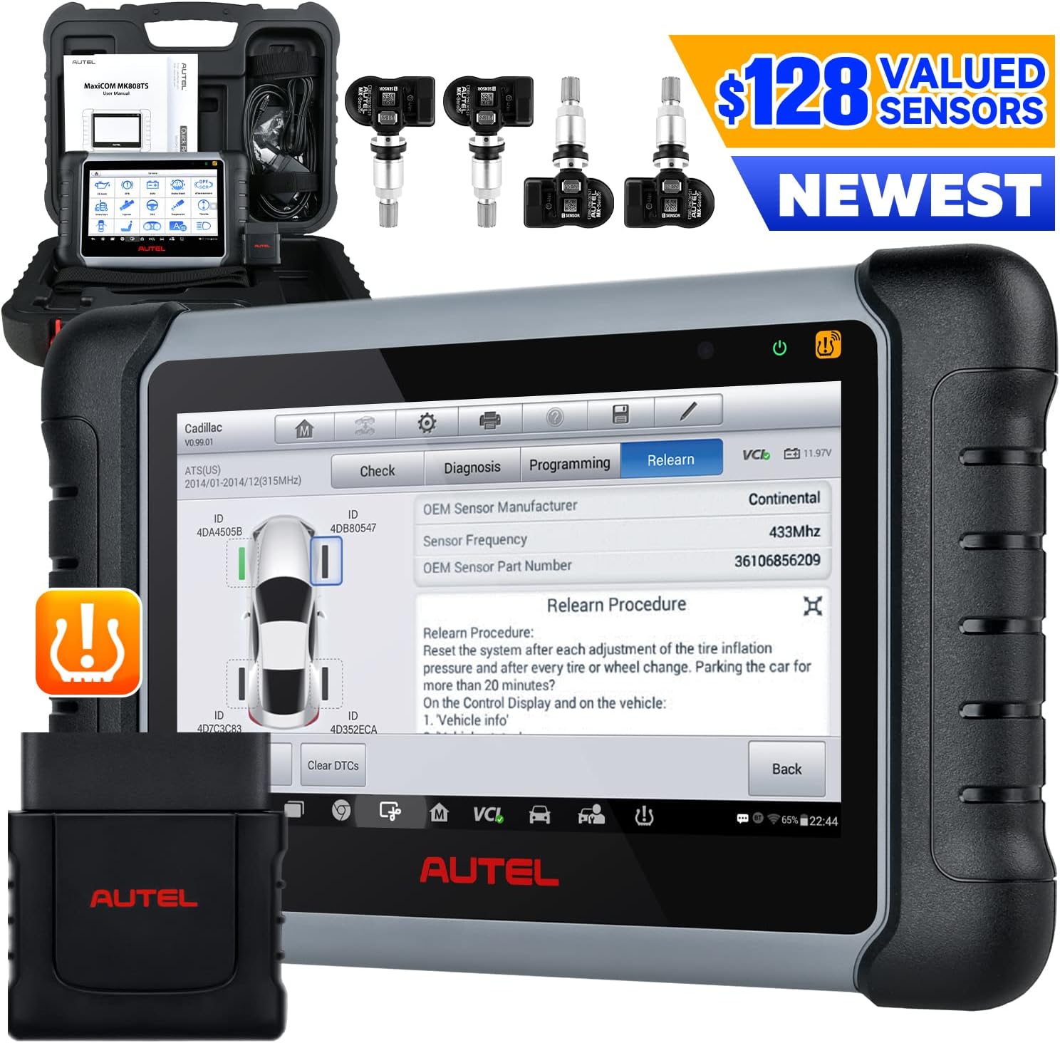 Autel MaxiCOM MK808TS Pro Scanner, [$128 Valued] 4PCS of 2in1 315/ 433Mhz Sensors