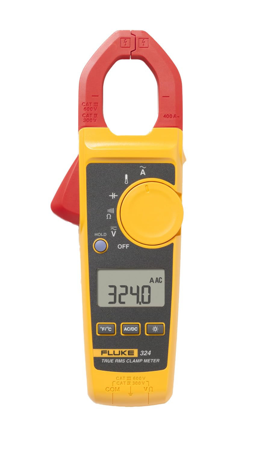 Fluke 324 True-RMS Clamp Meter with Temperature & Capacitance, Measure AC Current Up To 400 A and AC/DC Voltage Up to 600 V, Includes Backlit Display