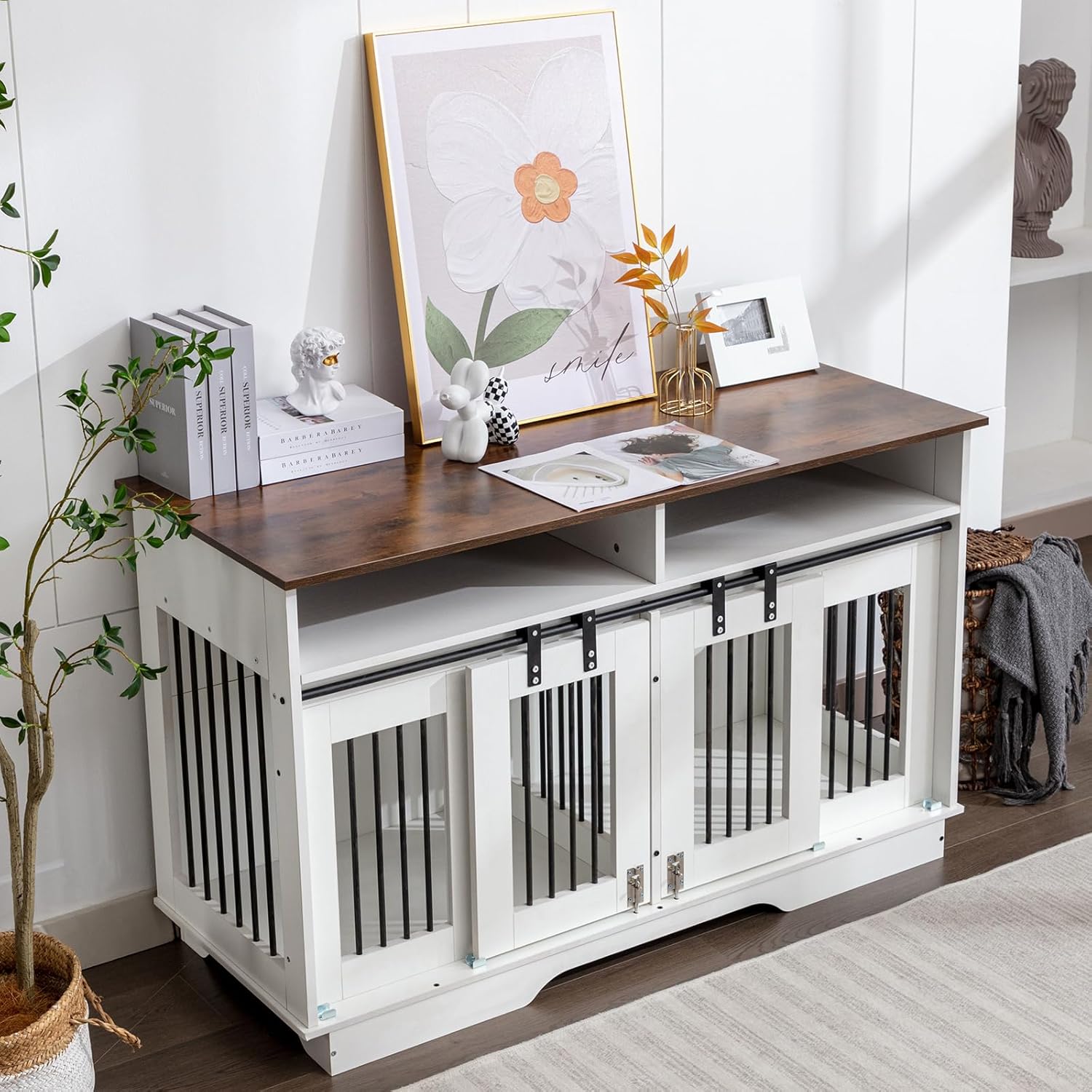55" Double Dog Crate Furniture, 2-in-1 Wooden Dog Furniture End Table with Large Drawers, Heavy Duty Indoor Dog Kennel with Sliding Doors