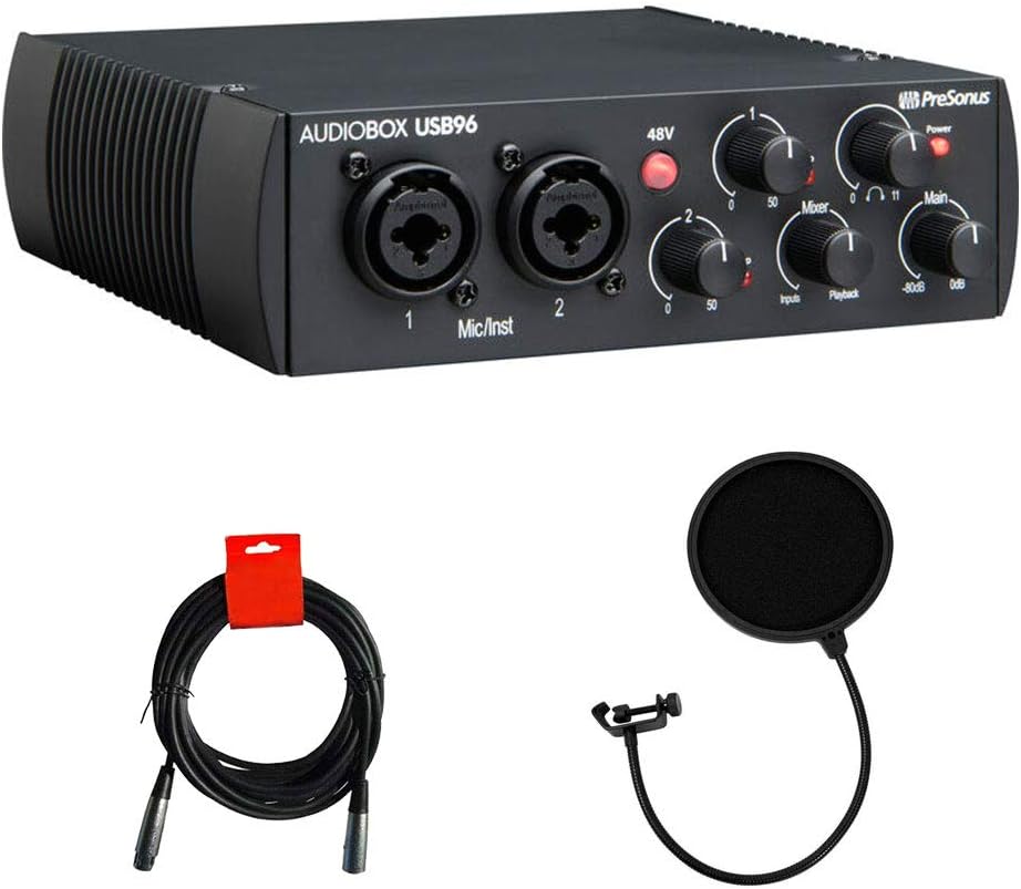 PreSonus AudioBox USB 96 2x2 USB Audio Interface (25th Anniversary Black) with Pop Filter & XLR Cable Bundle