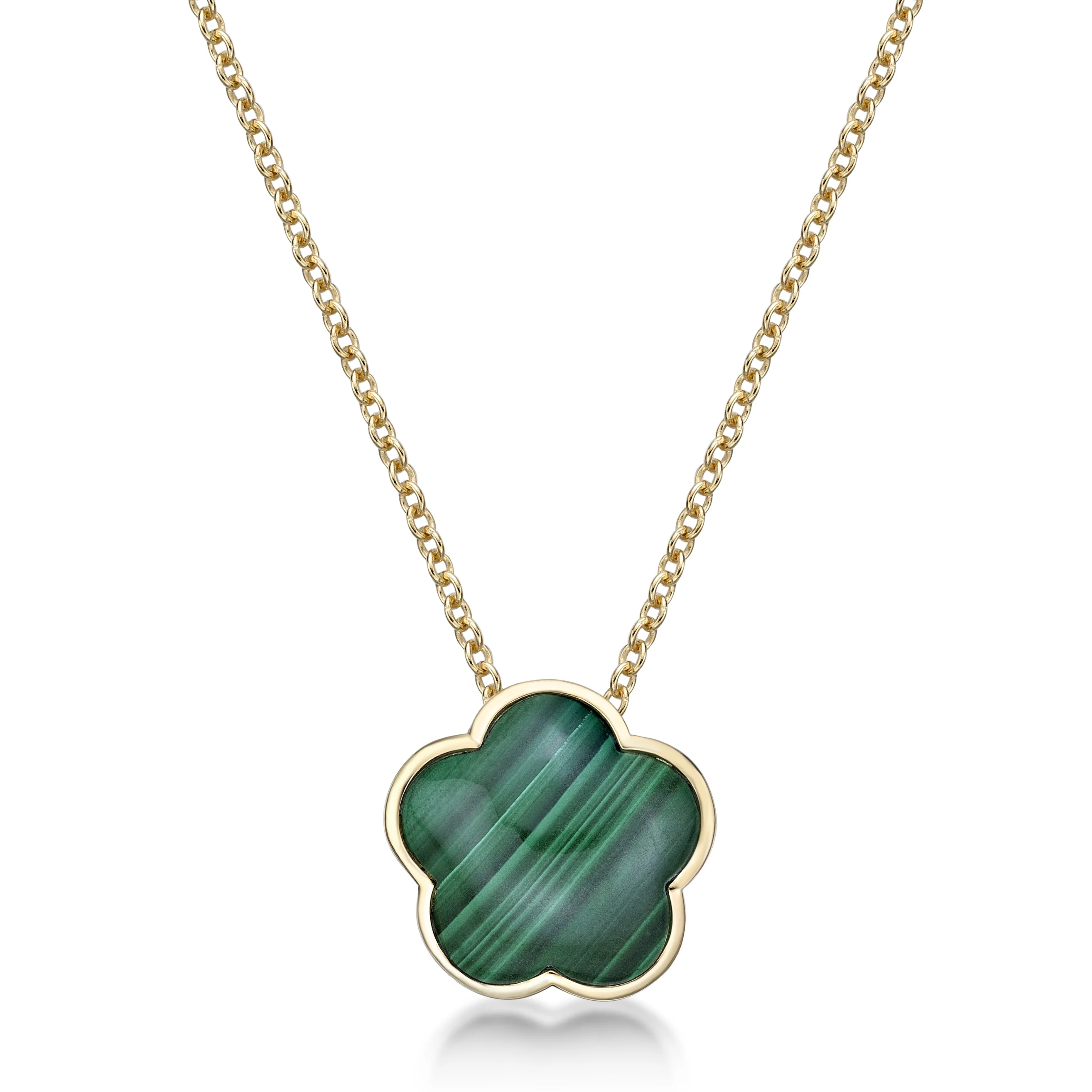 Green Malachite Five Petal Flower Pendant Necklace for Women in 925 Sterling Silver with Yellow Gold Plating on 18 Inch Chain with Spring Ring by