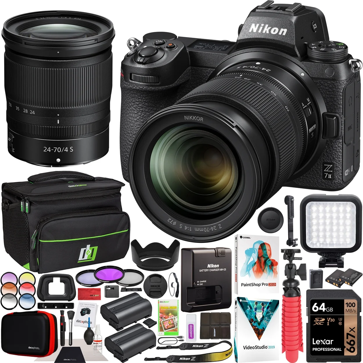 Nikon Z7II Mirrorless Camera Body + NIKKOR Z 24-70mm f/4 S Lens Kit FX-Format Full-Frame 4K UHD Bundle with Deco Gear Travel Gadget Bag Case + Extra