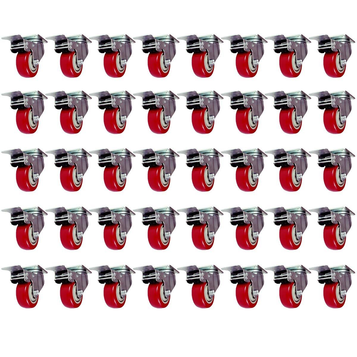 Factorduty 40 Pack Caster Wheels Swivel Plate with Brake on Red Polyurethane Wheels (3x22 with BRAKE)