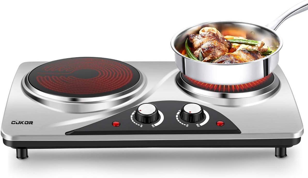 CUKOR Electric Hot Plate, 1800W Portable Electric Stove,Infrared Double Burner,Heat-up In Seconds