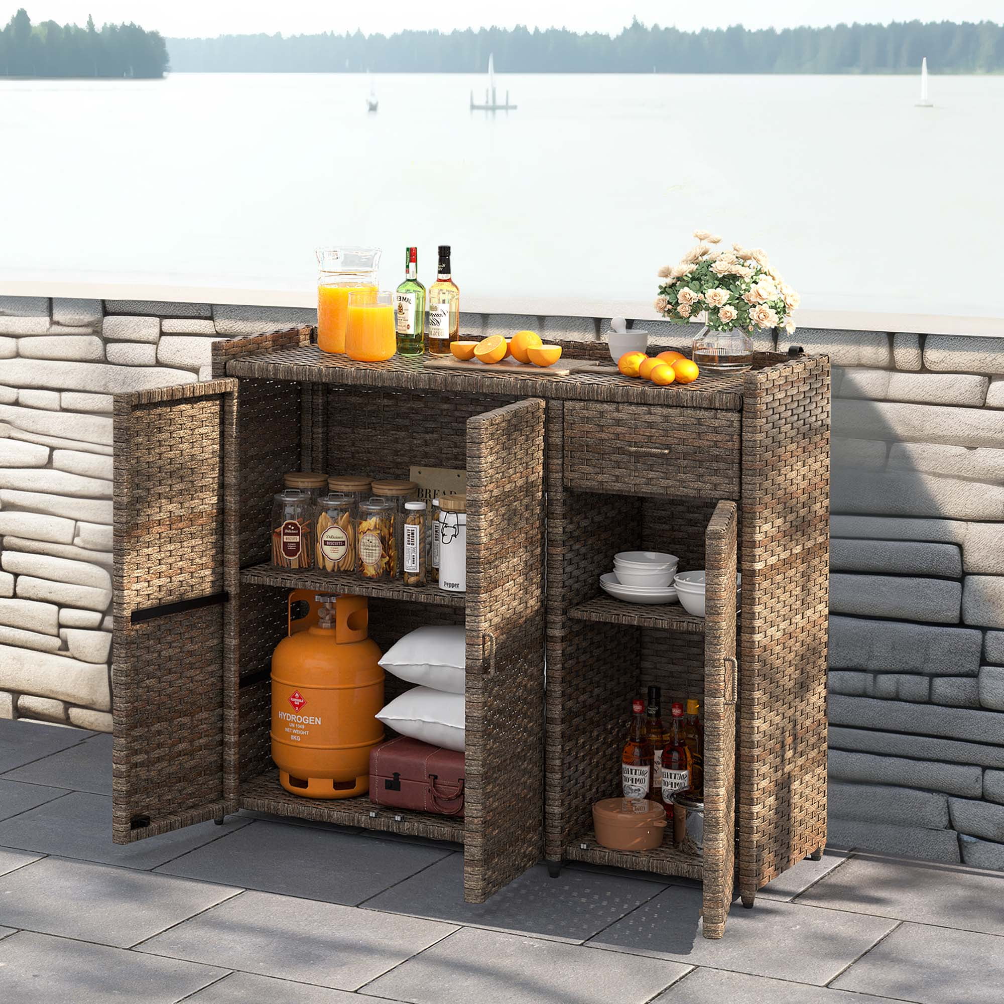 Dextrus Rattan Wicker Patio Organizer Storage Cabinet with 2 Doors, Foldable Drawer, Weather-proof Rattan Bar Table, Storage Box - Brown