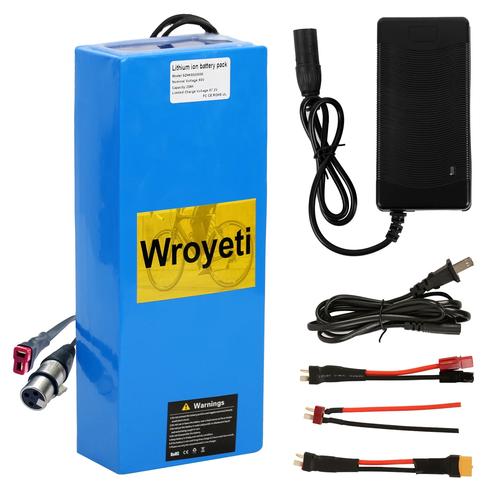 Electric Battery 60V 20Ah Electric Bike Lithium Ion Battery 60V Battery with 3A Charger, T-Plug Extension Cord