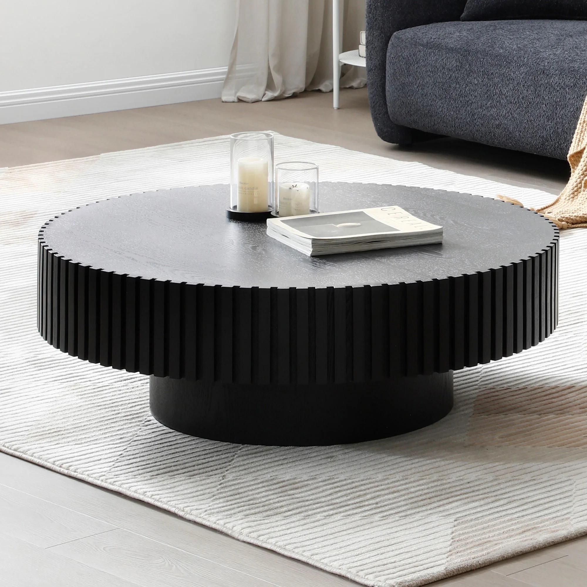 Kevinplus BLACK MDF Coffee Table 39.37inch Modern Handcraft Drum Coffee Table Round Wood Coffee Table for Living Room, Apartment