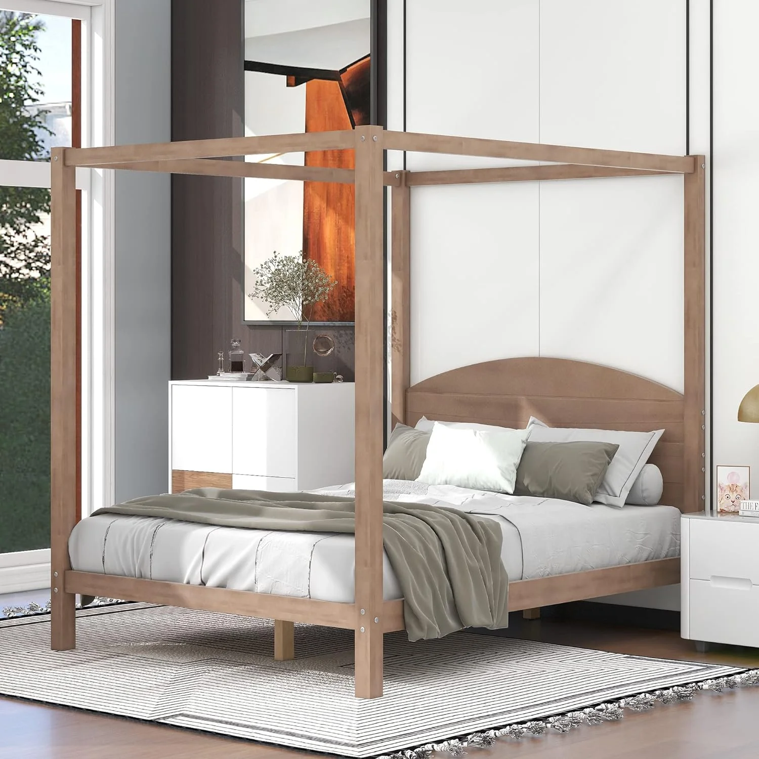 Queen Canopy Bed With Headboard And Slat Support, 4-Post Canopy Bed Queen Size, Wood Queen Platform Bed Frame For Kids Teens Adults