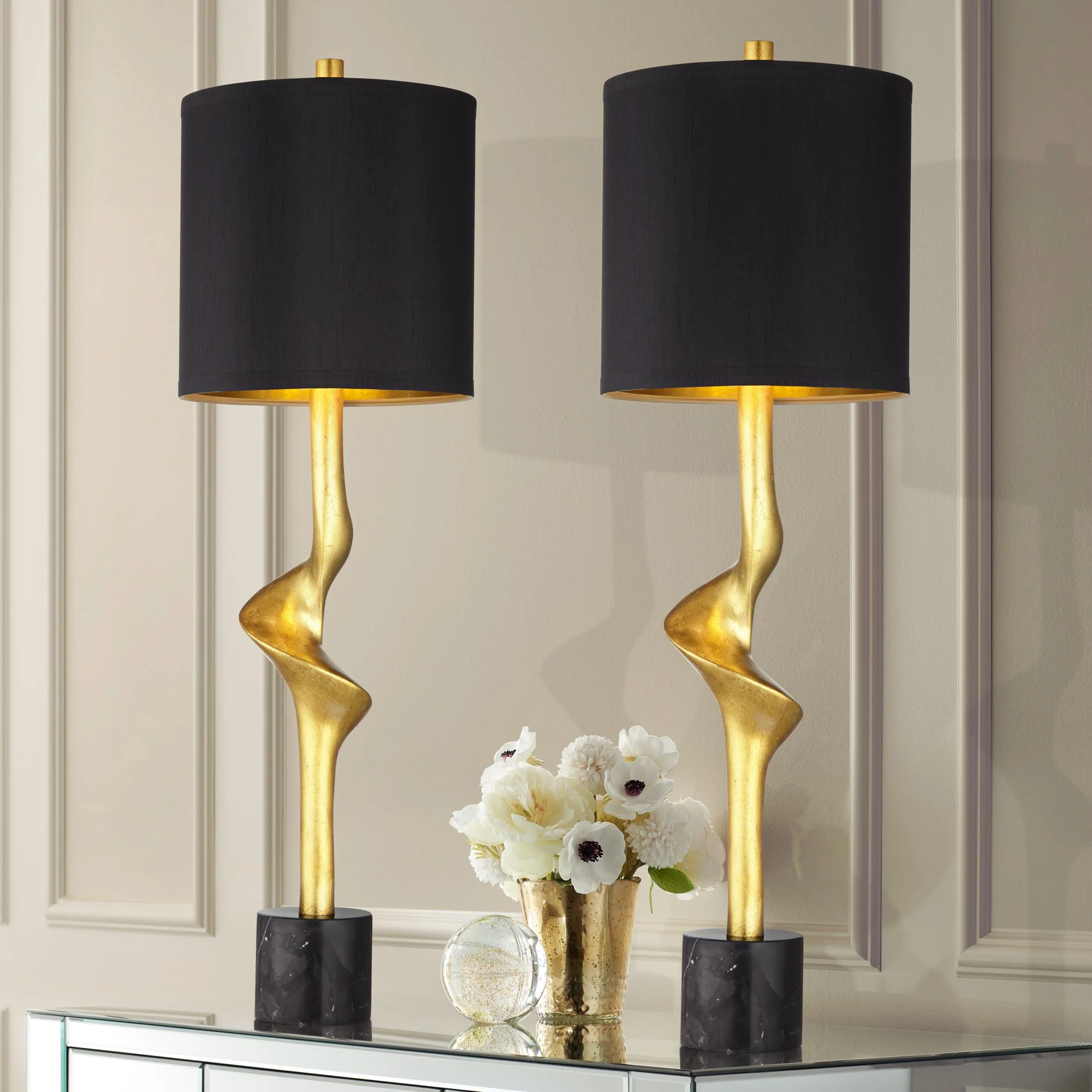 Possini Euro Design Minerva 32" Tall Large Modern Glam End Table Lamps Set of 2 Gold Leaf Black Shade Living Room Bedroom Bedside