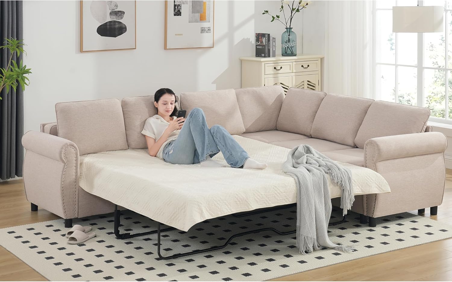 Modular Sectional Sleeper Sofa Couch with Pull Out Bed, 6 Seater Sofa Bed, Convertible L Shaped Sectional Couch for Living Room