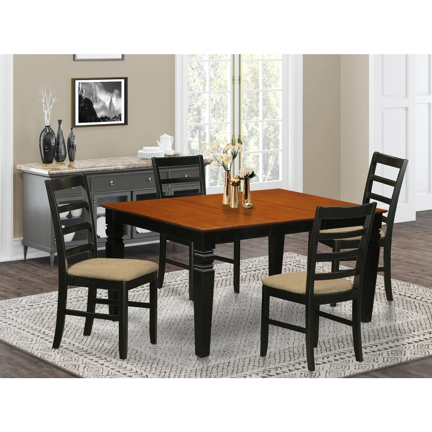 East West Furniture Weston 5-piece Wood Dining Set with Linen Seat in Cherry