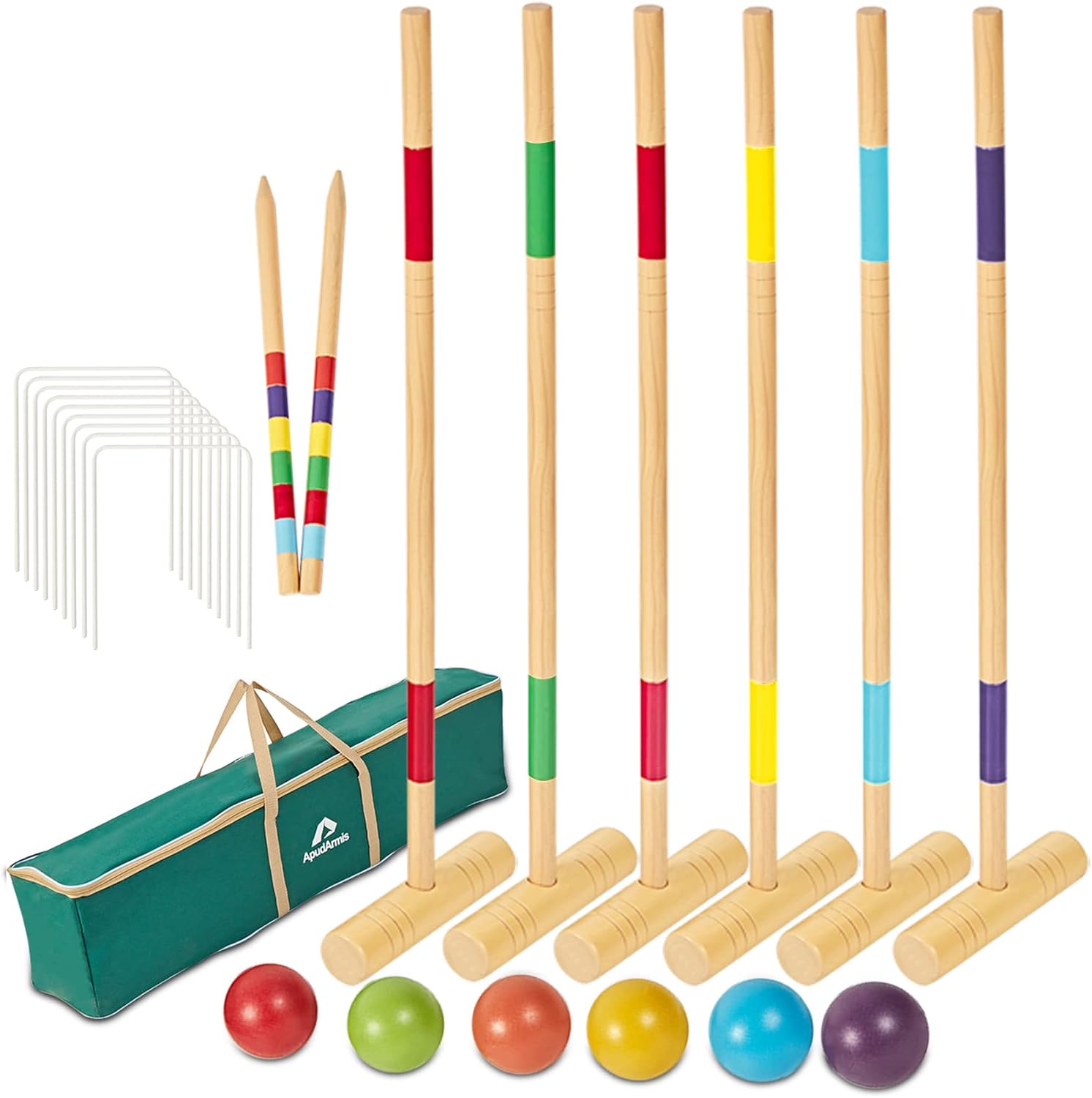 ApudArmis 35In Six Players Croquet Set with Deluxe Premiun Pine Wooden Mallets,Colored Ball,Wickets,Stakes