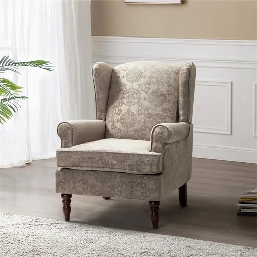 HULALA HOME Wingback Accent Chairs Set of 2 with Retro Wood Legs, Traditional Fabric Armchairs for Bedroom Living Room
