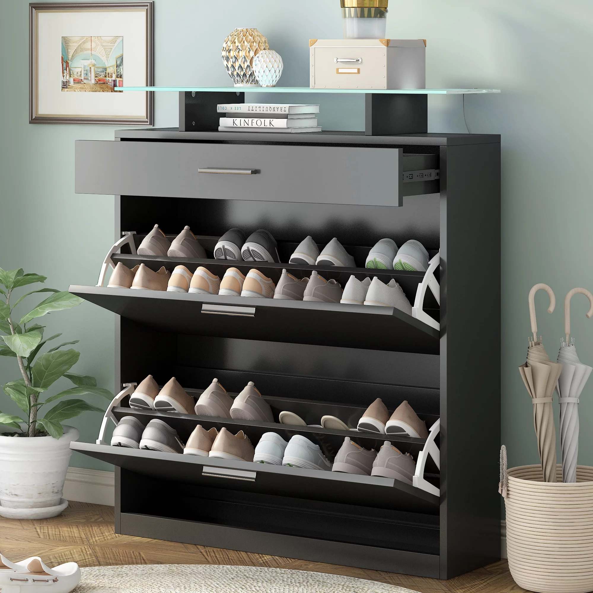 CoSoTower Slim Entryway Organizer with 2 Flip Drawers, Tempered Glass Top Shoe Storage Cabinet with Drawer