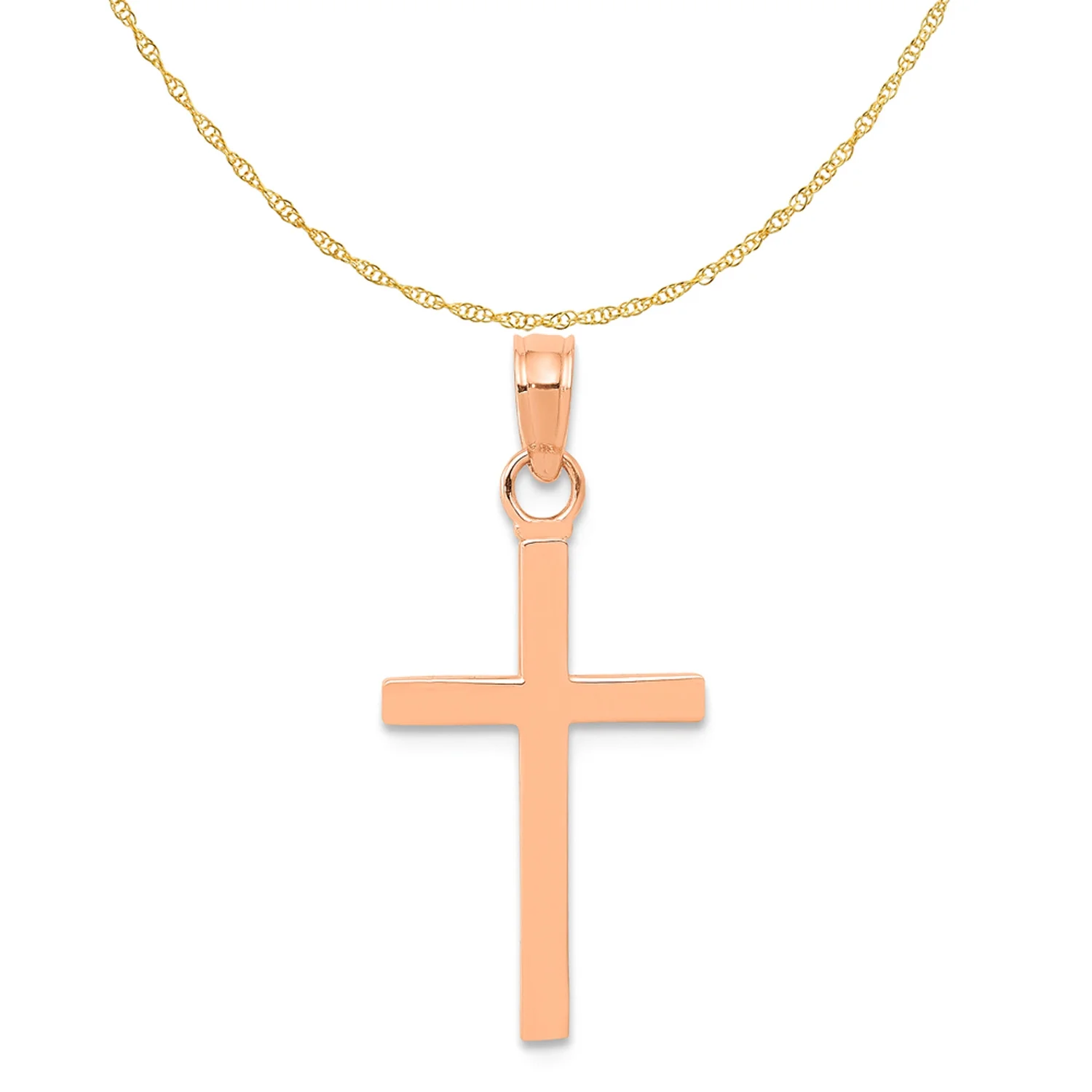 14K Rose Gold Polished Cross Pendant (23.7 mm) With 14K Yellow Gold Light Weight Rope Chain 16"