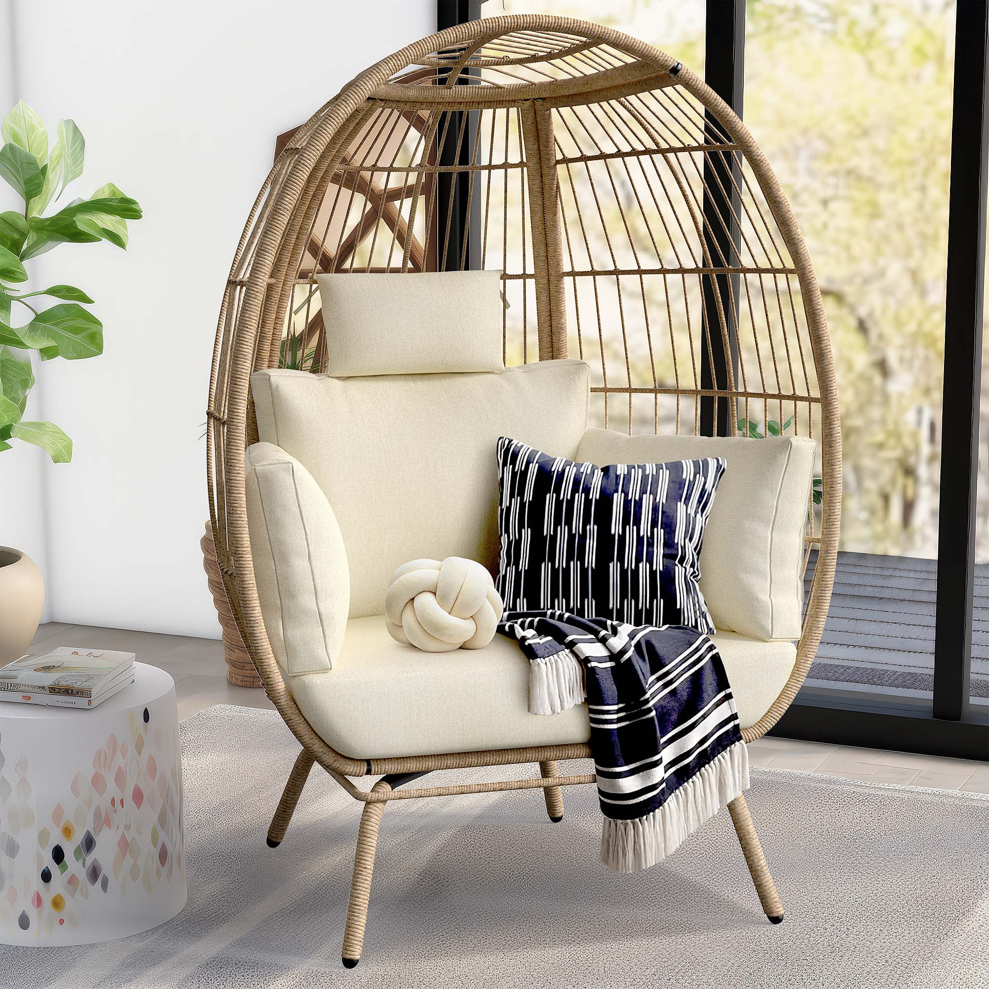 Dextrus Wicker Egg Chair Outdoor Indoor Oversized Lounger with Stand and Beige Cushions Egg Basket Chair for Patio Backyard Porch