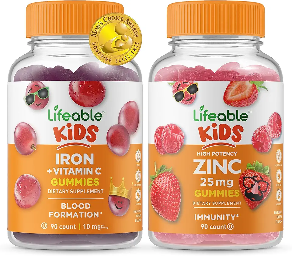 Lifeable Iron & Vitamin C Kids + Zinc 25mg Kids, Gummies Bundle - Great Tasting, Vitamin Supplement, Gluten Free, GMO Free, Chewable Gummy