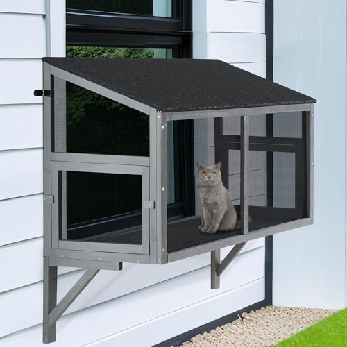 beeNbkks Bug Proof Cat Catio, Window Box Enclosure for Indoor Cats, Wooden Cat Window Perch House, Expandable for Multi Cats