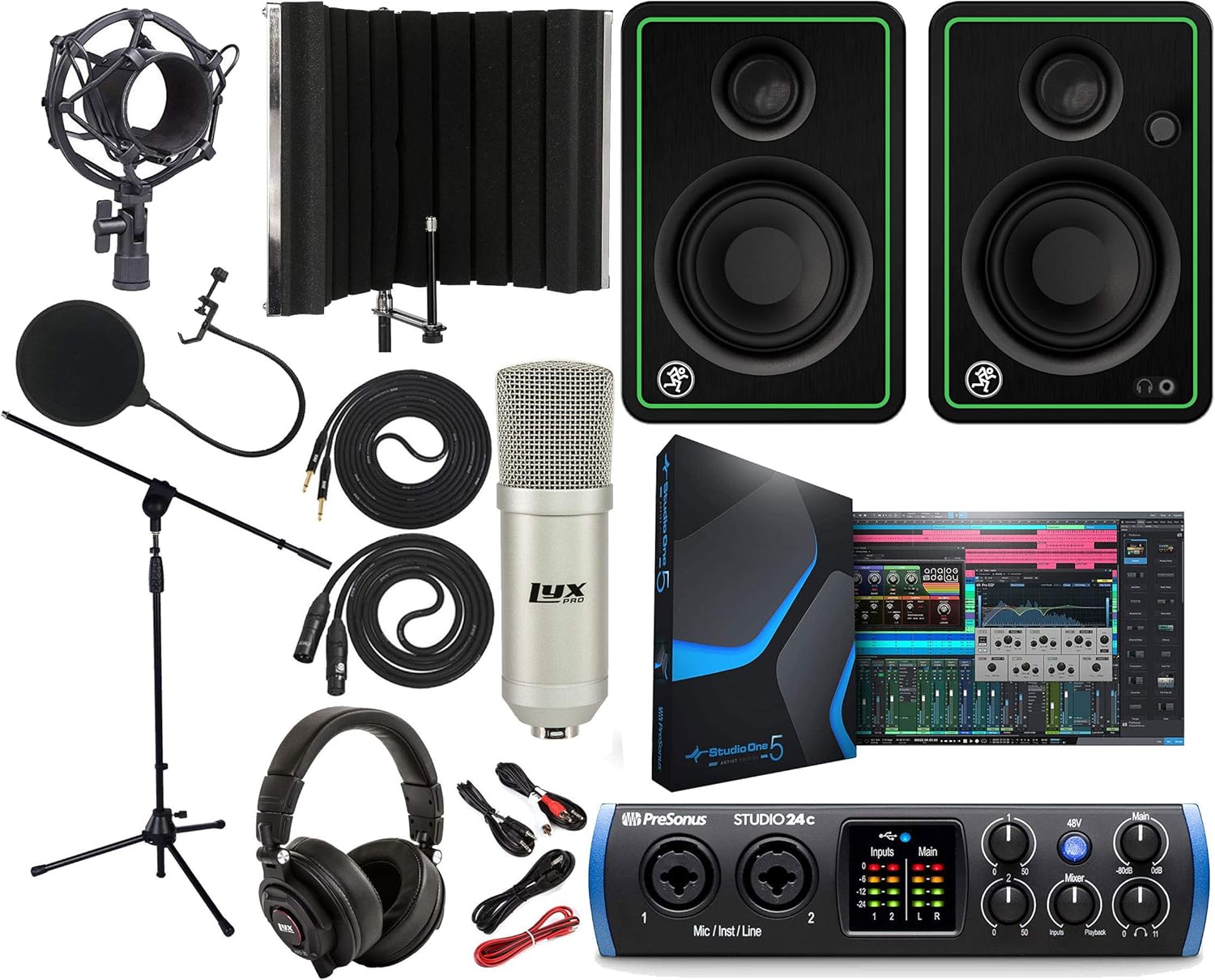 PreSonus Studio 24c 2x2 USB Type-C Audio/MIDI Interface with CR3-X Creative Reference Multimedia Monitors and 1/4” Instrument Cable and Microphone