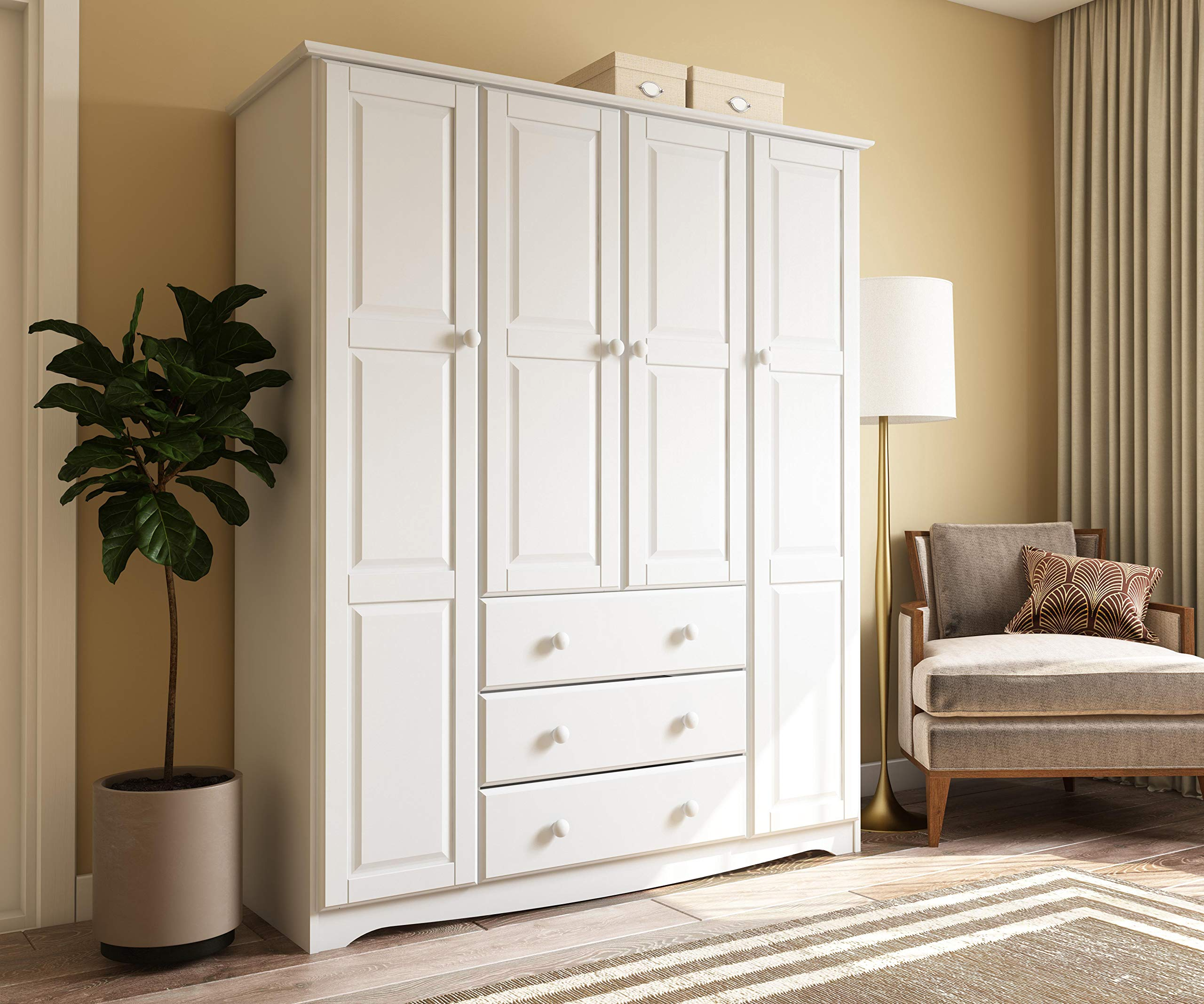 【Furniture】100% Solid Wood Family Wardrobe/Armoire/Closet, 60" x72"x21", 3 Clothing Rods Included