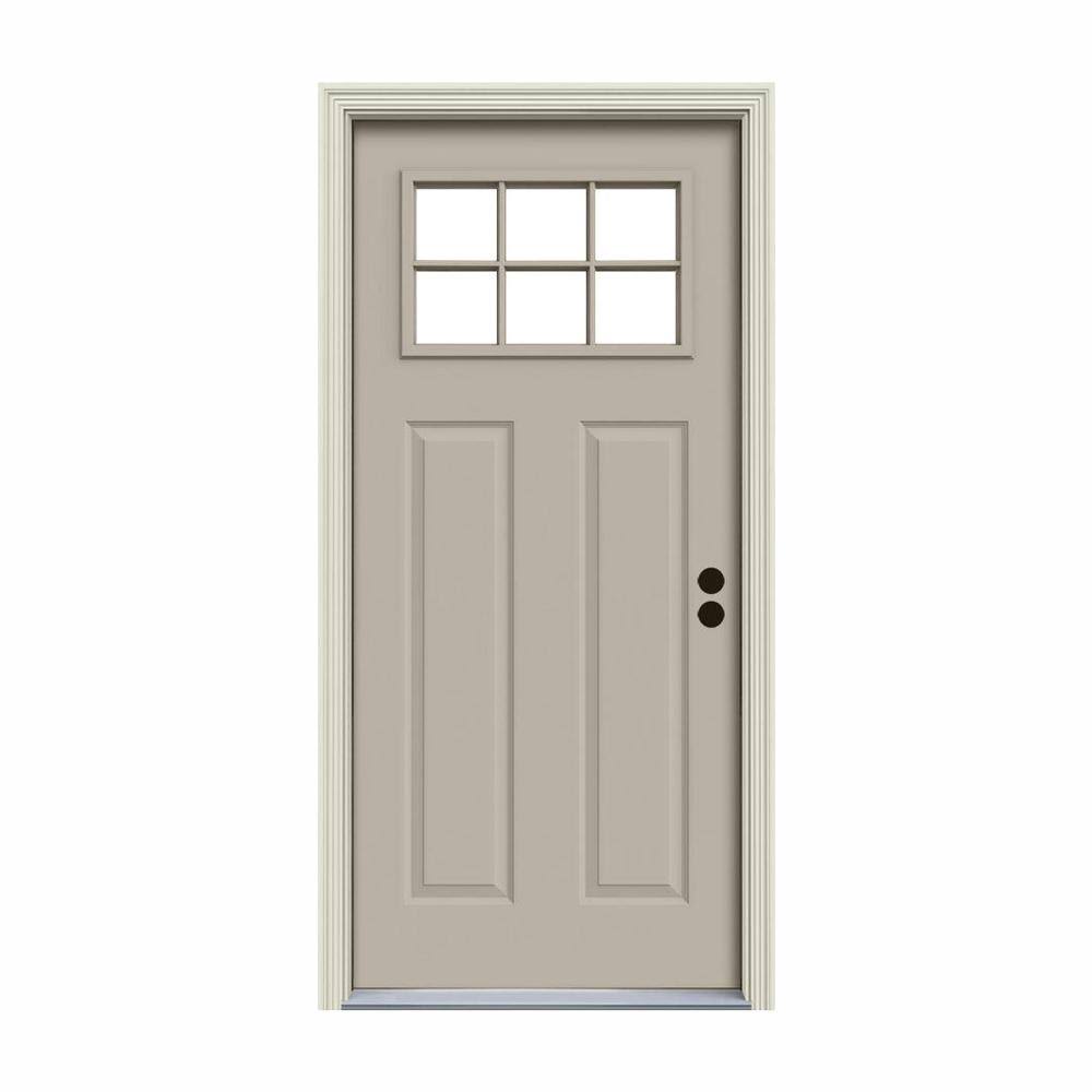 JELD-WEN 30 in. x 80 in. 6 Lite Craftsman Desert Sand Painted Steel Prehung Left-Hand Inswing Front Door w/Brickmould