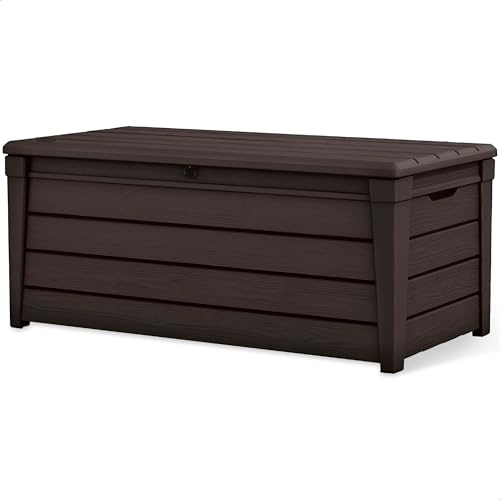 Keter Outdoor Storage Deck Box, for Patio, Backyard & Garden, Brightwood, 120 Gal, Brown - Lockable, Organizing