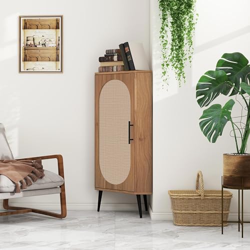 Boho Corner Storage Cabinet,Freestanding Bookcase with Rattan Doors & Adjustable Shelves, Corner Shelf Stand for Living Room, Bathroom, Bedroom
