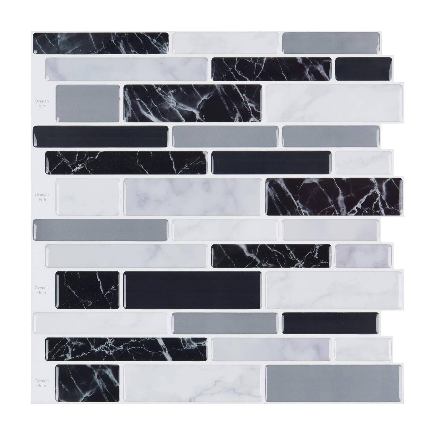 Longking 10-Sheet Peel and Stick Tile Backsplash, Vinyl 3D Self-Adhesive Tile Stickers for Kitchen, Bathroom, Counter Top, Marbl