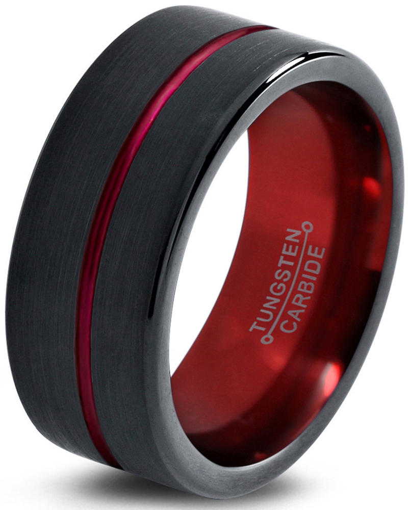 Tungsten Wedding Band Ring 10mm for Men Women Red Black Pipe Cut Brushed Polished Lifetime Guarantee