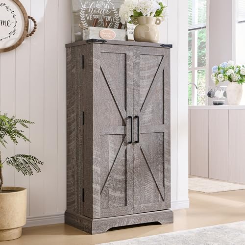 72" Tall Kitchen Pantry, Farmhouse Storage Cabinet with Barn Doors, Organizer, Drawer and Adjustable Shelves, Rustic Wood Cupboard for Kitchen