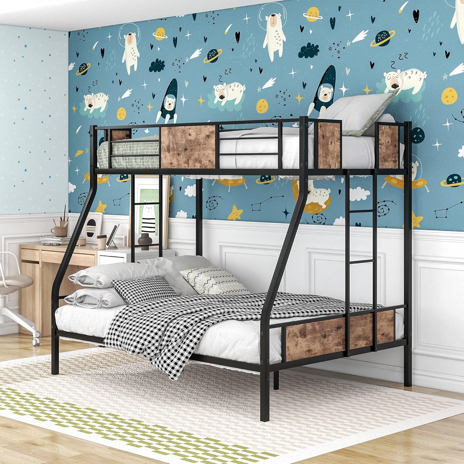 Twin Over Full Metal Bunk Bed, Heavy Duty Metal Bed Frame with Safety Rail, Metal Bunk Bed with 2 Side Ladders & Decorative Wood, No Box Spring Needed