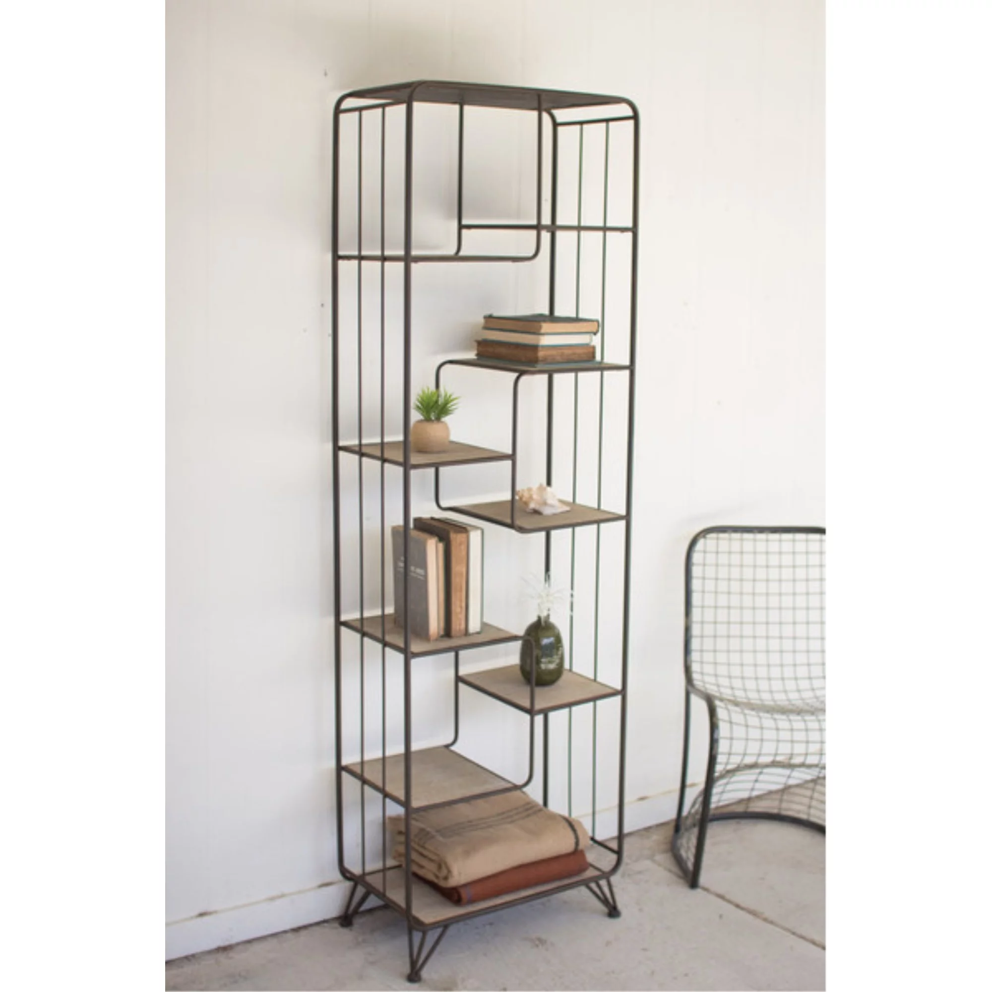 MULTI LEVEL WOOD AND METAL SHELVING UNIT