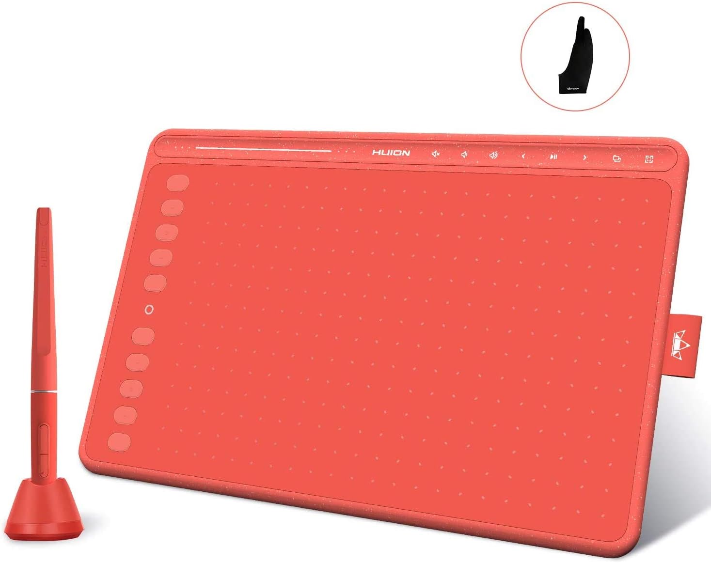 2020 HUION HS611 Red Graphics Drawing Tablet Android Support with 8 Multimedia Keys Battery-Free Stylus 8192 Pressure Sensitivity Tilt 10 Press Keys