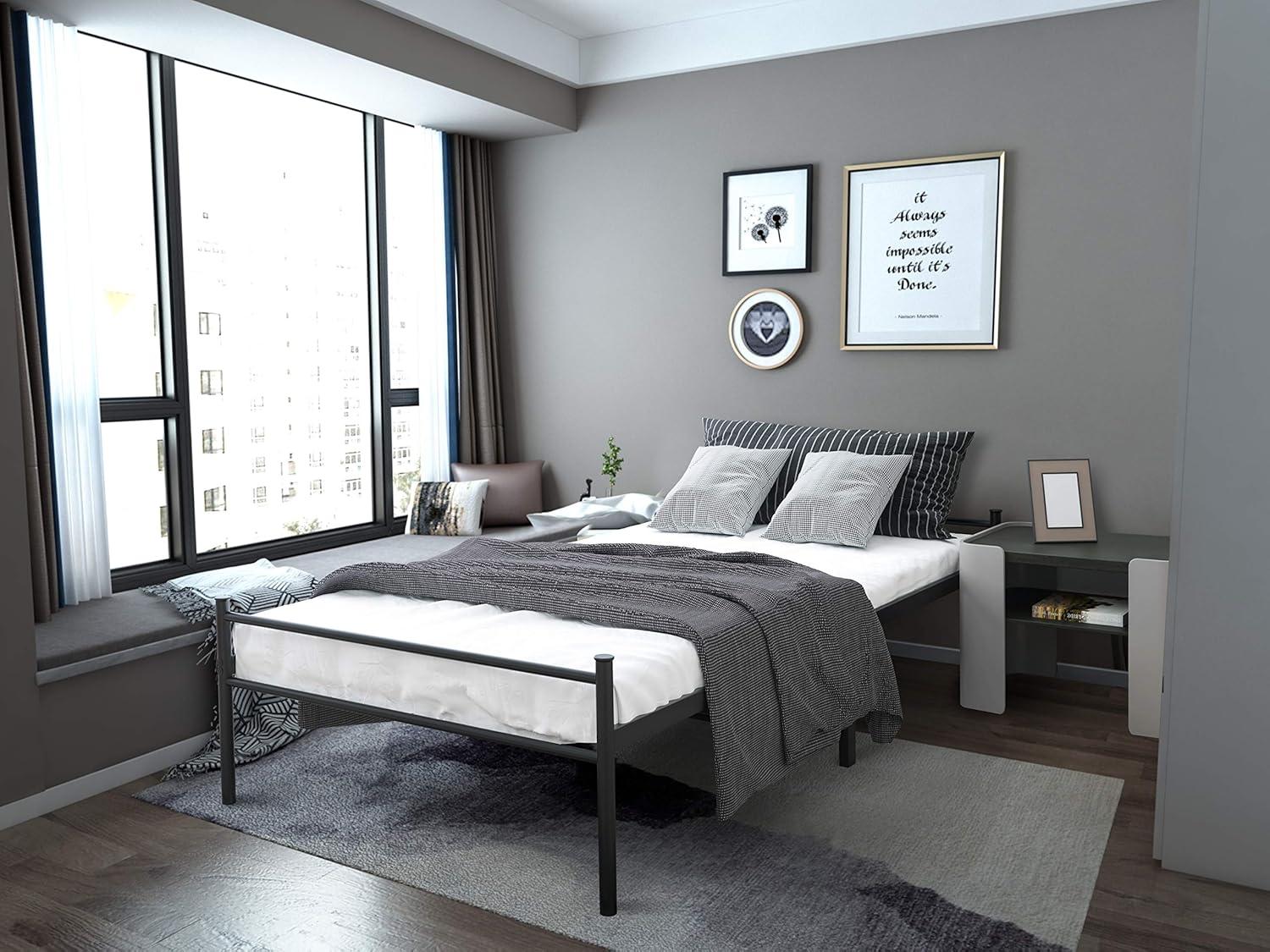 DHOUSE Metal Bed Frame Twin Size with headboard and Footboard Strong Steel Plate Support Mattress No Spring Required Easy to Assemble Can Store Items