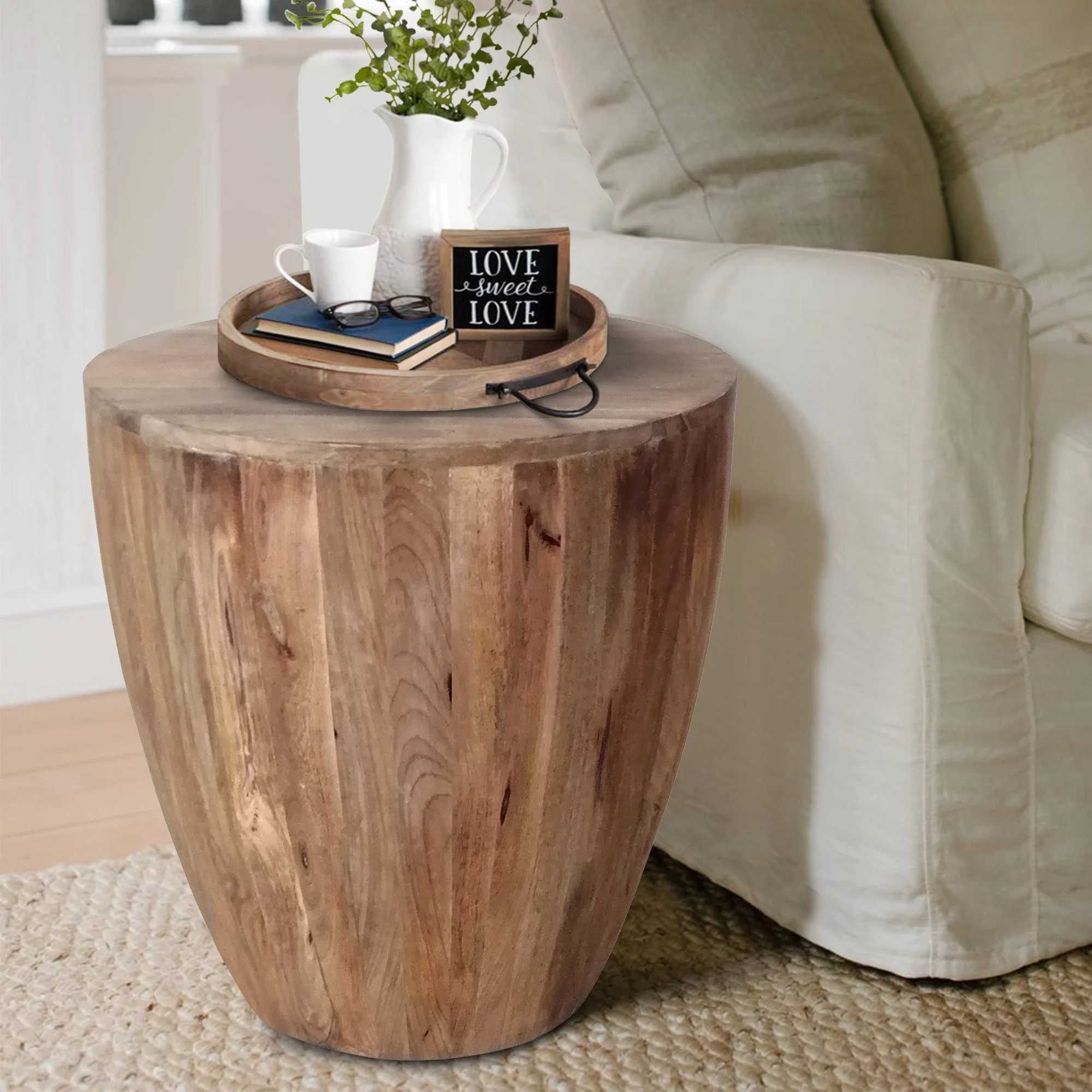 Handcarved Cylindrical Shape Round Mango Wood Distressed Wooden Side End Table, Brown