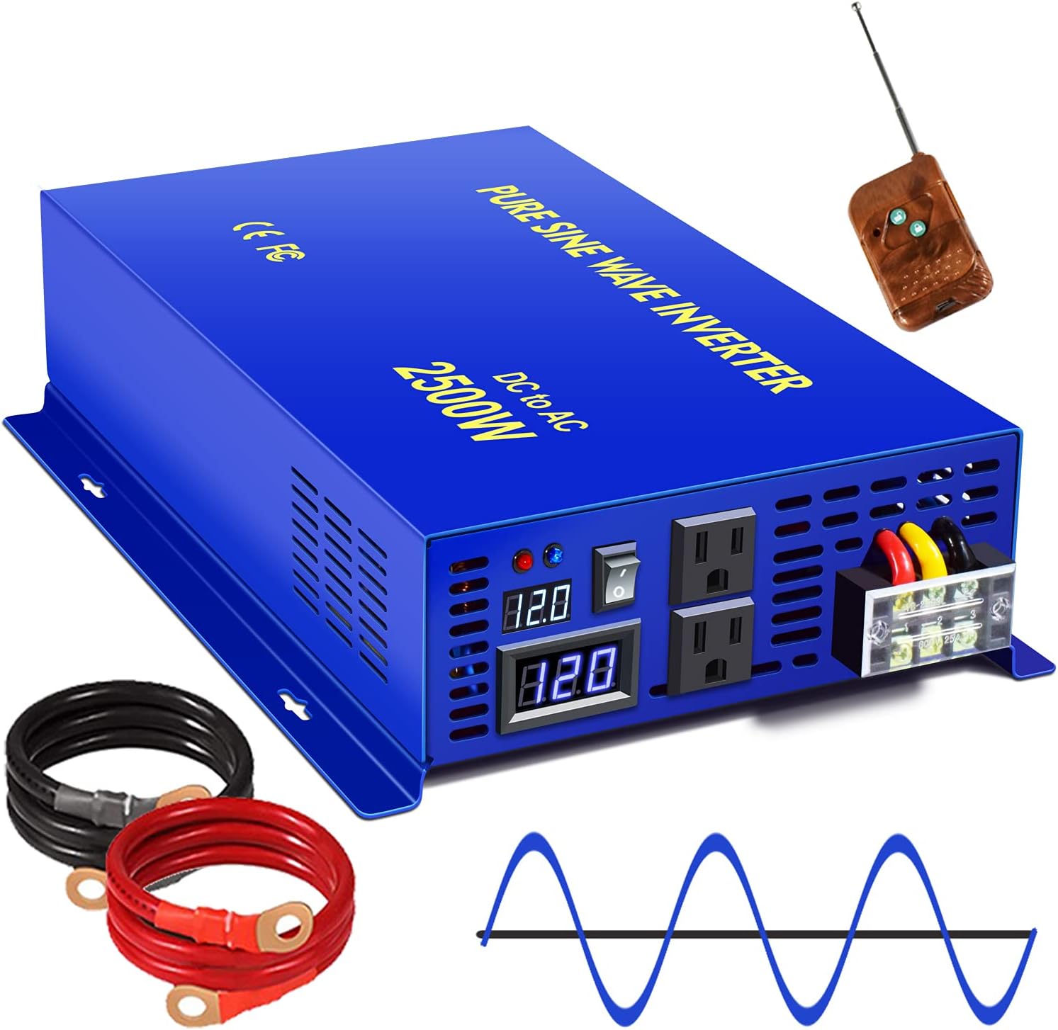 XYZ INVT 2500W Pure Sine Wave Inverter 24v to 110V 120V AC with Wireless Remote Switch, 5000 watt Surge, Power Inverter for Truck, RV Car Camping