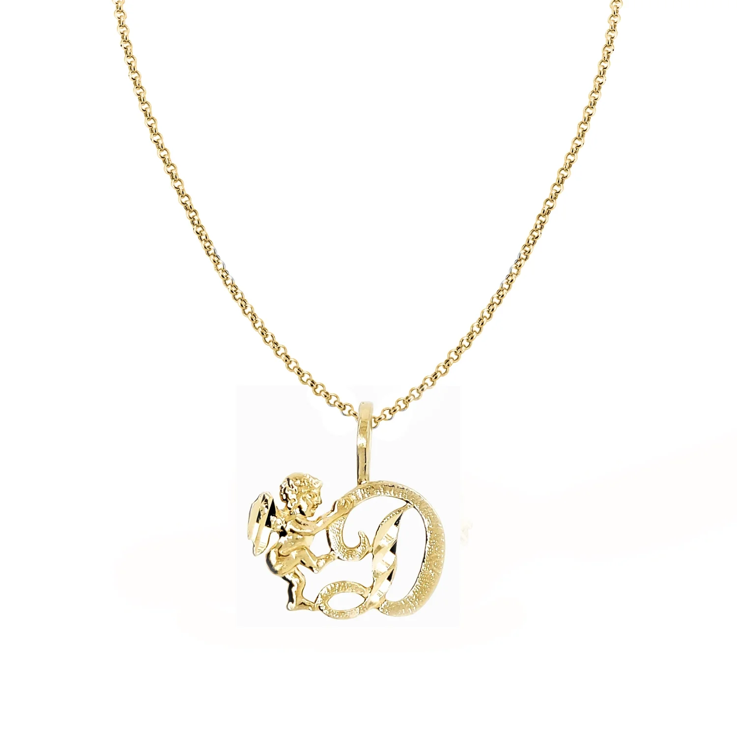 Precious Stars 14K Yellow Gold Cherub and Cursive Initial Letter 'D' Pendant with 18" Chain Necklace