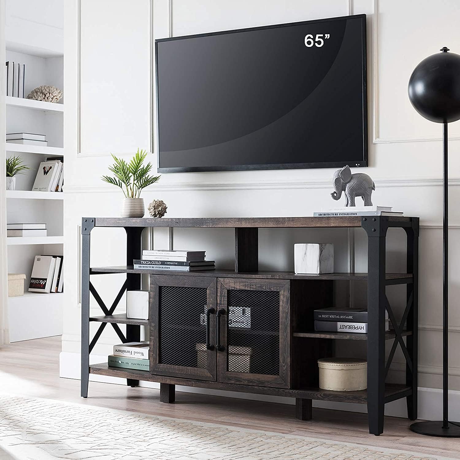 OKD TV Stand Industrial Entertainment Center Rustic Media Console Cabinet Tall High Wood Large Brown for 65 inch TV, with Sturdy Metal Side X-Frame