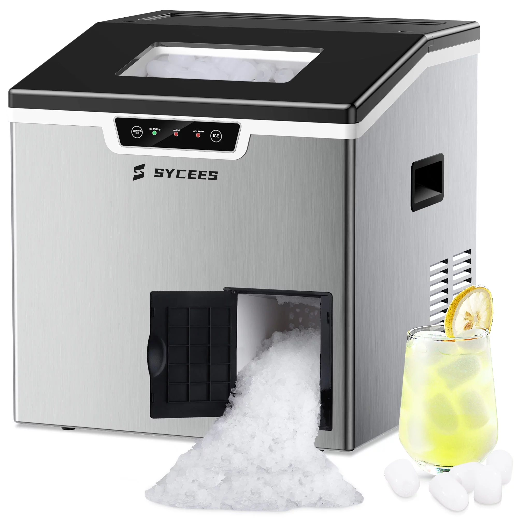 SYCEES 2-in-1 Ice Maker and Shaver Machine - Countertop Ice Maker with Ice Scoop and Basket - Bullet-Shaped Ice Cubes Ready in 10 Minutes