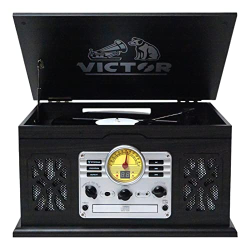 VICTOR State 7-in-1 Turntable Music Center with 3-Speed Record Player, CD/MP3/Cassette Player, FM Radio, Dual Bluetooth in & Out