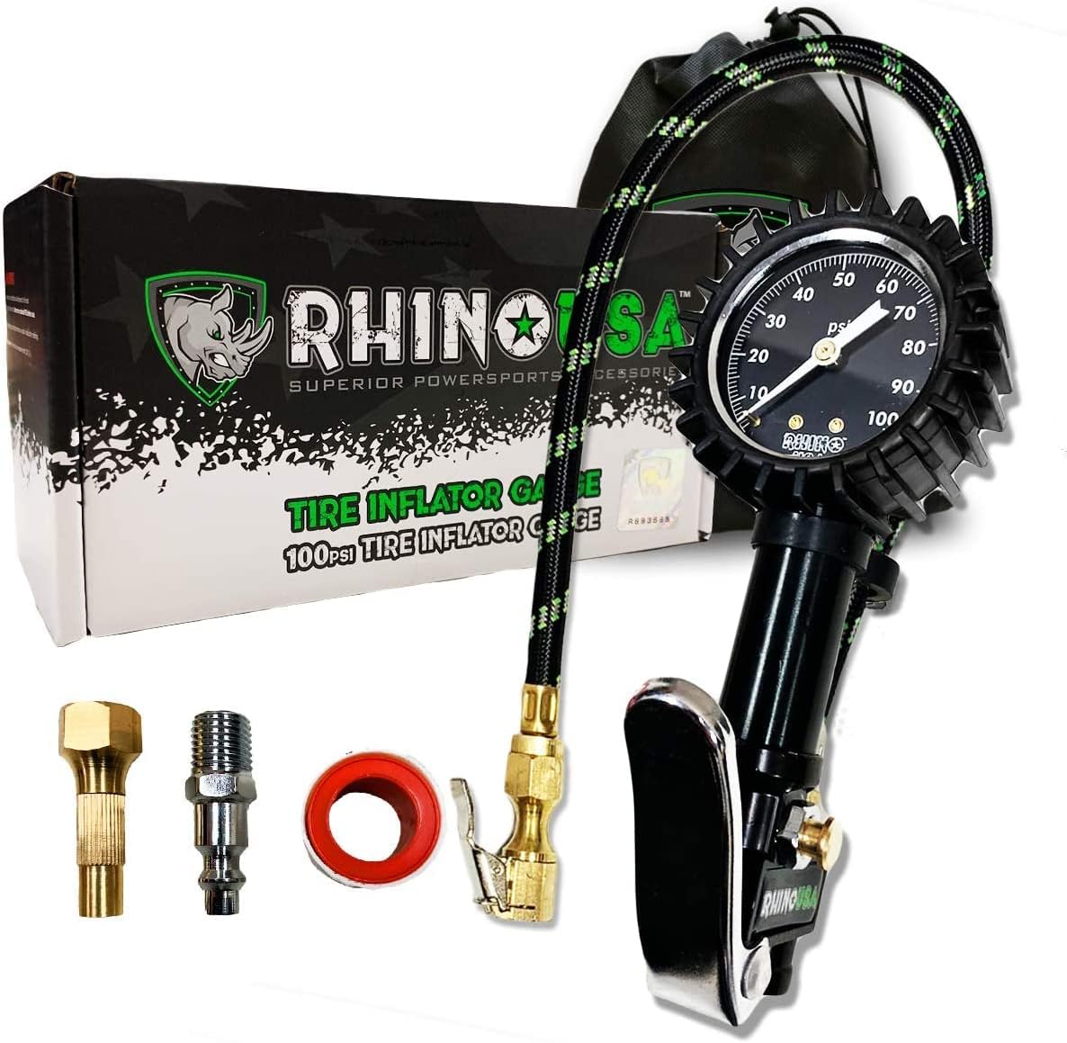 Rhino USA Digital Tire Inflator with Pressure Gauge (0-200 PSI) - ANSI B40.1 Accurate, Large 2" Easy Read Glow Dial, Premium Braided Hose
