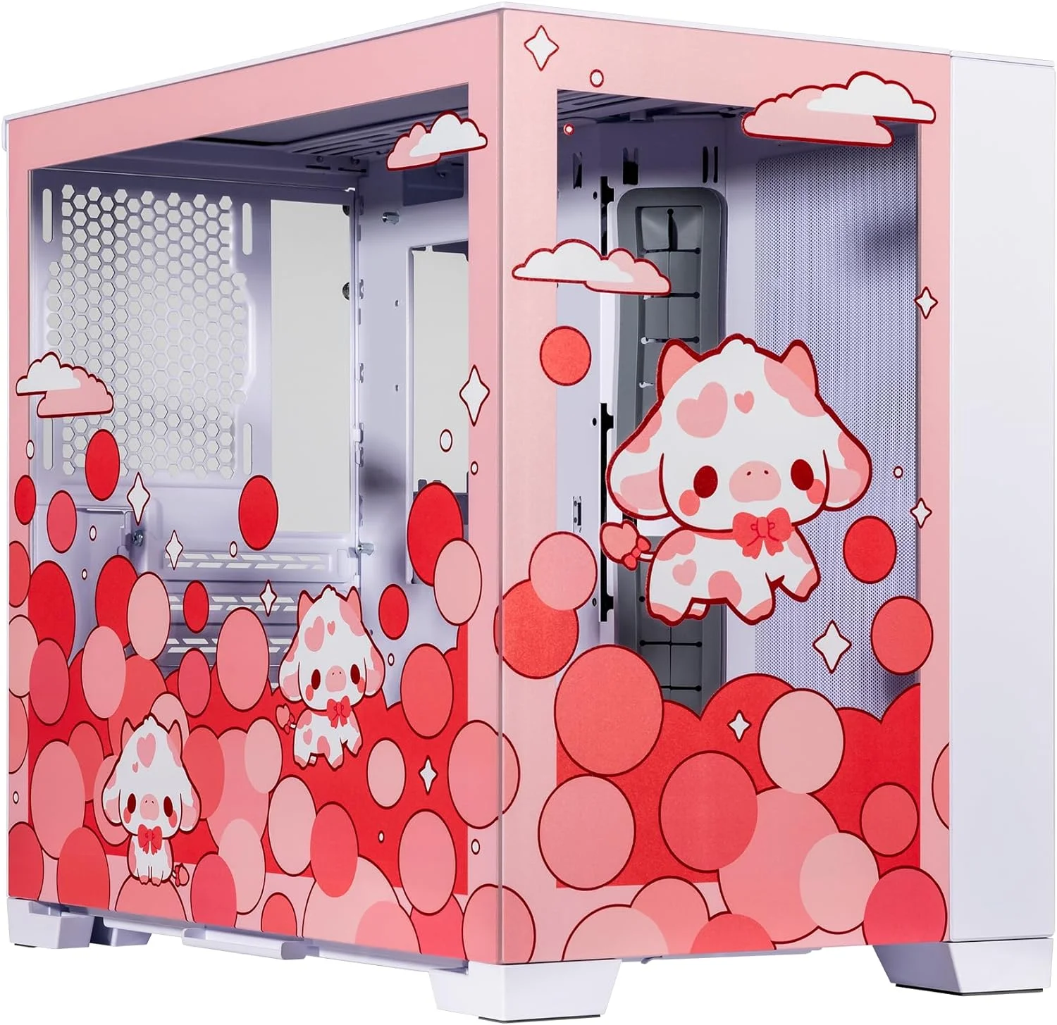 Velztorm Bubble Cow Custom Art Aluminum Tempered Glass O11 Dynamic Mini Rose Pink Gaming Computer Case, Supports Mini-ITX, Micro-ATX