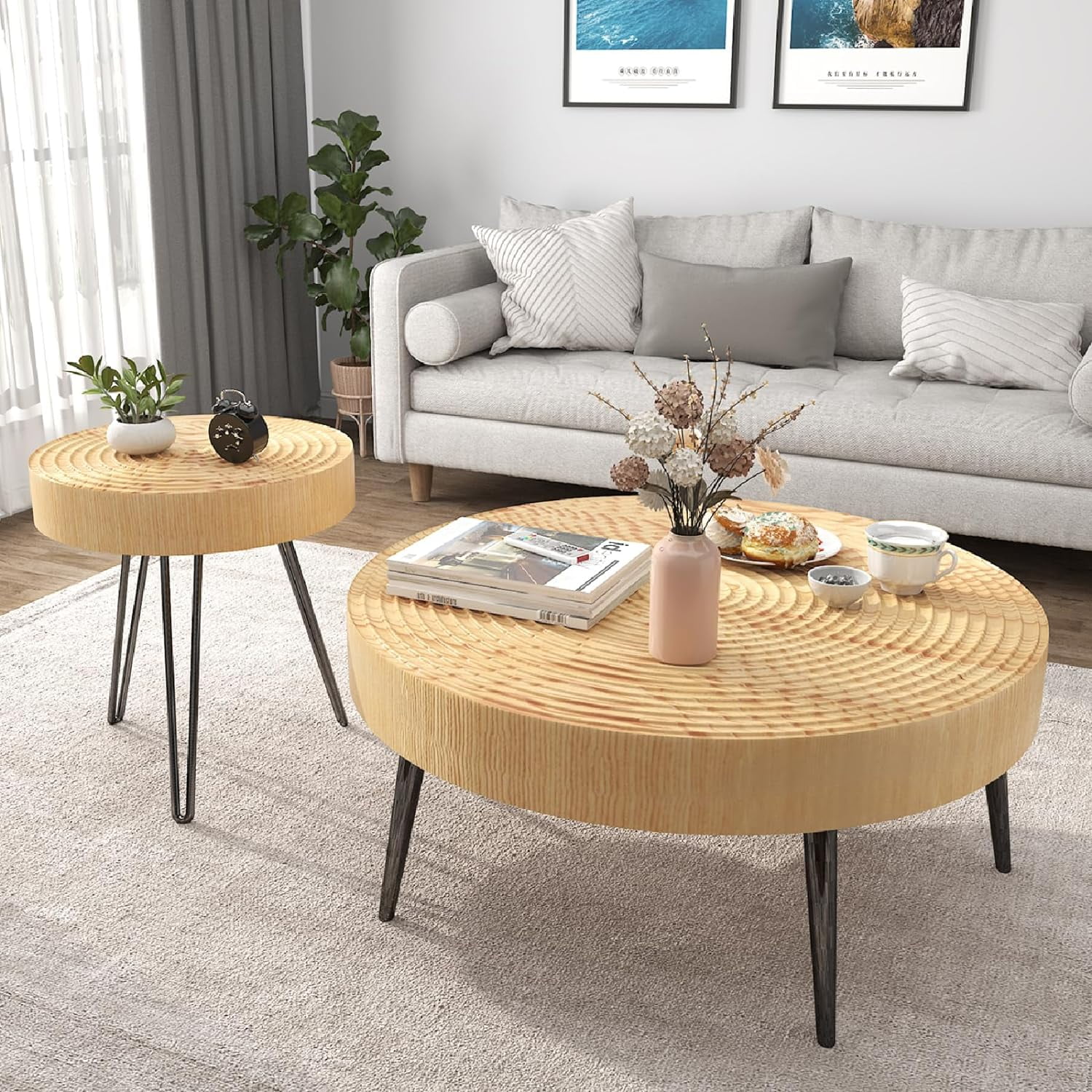 KHBIULIFE 2 Pieces  Round Wood Coffee Table Set  Farmhouse Circle Living Room Table Set of 2  Modern Ring Motif Natural Wood Finish Side and End