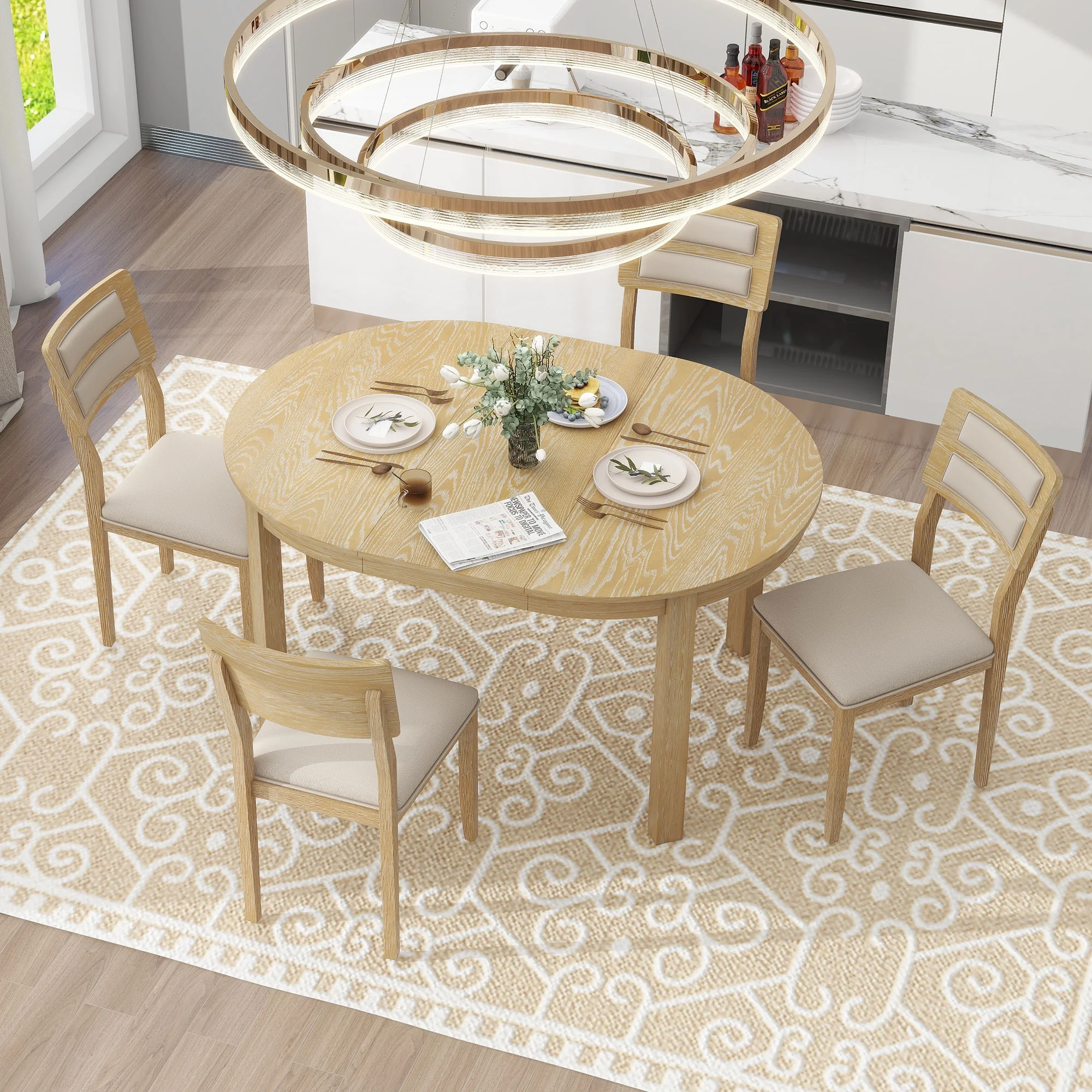 5-Piece Multifunctional Dining Table Set, Farmhouse Dining Set with Extendable Round Table